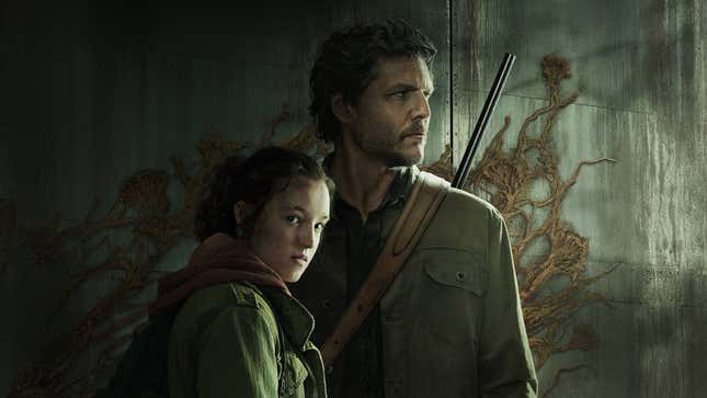 Joel and Ellie from the Last of Us show stand in front of a cordyceps growth.