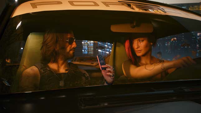 Johnny Silverhand holds up a Switch 2 Joy-Con to V while they're driving.