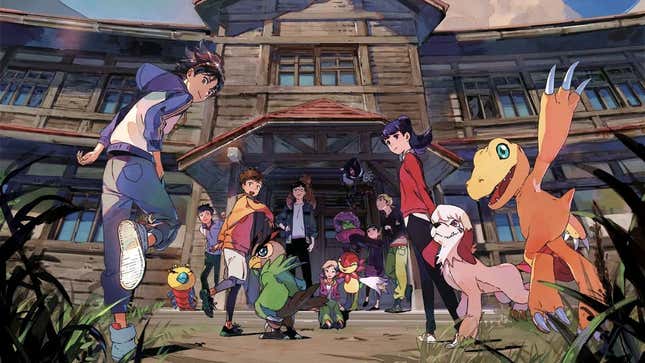 A group of teenagers and their Digimon stand outside of an abandoned school. 