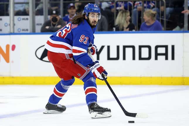 Nov 7, 2023; New York, New York, USA; New York Rangers center Mika Zibanejad (93) controls the puck against the Detroit Red Wings during the first period at Madison Square Garden.