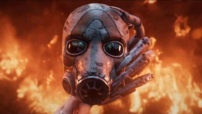 A hand holds up a Borderlands mask. 