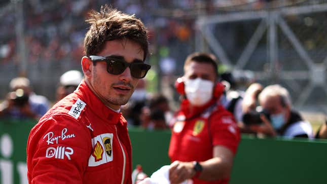 Charles Leclerc in his red Ferrari race suit at the Italian Grand Prix