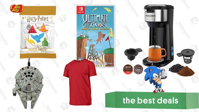 Image for article titled Monday&#39;s Best Deals: Single-Serve K-Cup Coffee Maker, Harry Potter Magical Sweets, Ultimate Chicken Horse, Millennium Falcon Wireless Charger, Champion Tees, and More