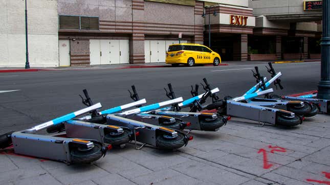Bird electric scooters lying by the side of a street in Reno, Nevada.