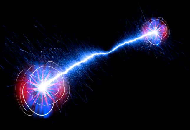 two quantum particles that look like shocks of blue and red light connected by a line of light that is blue