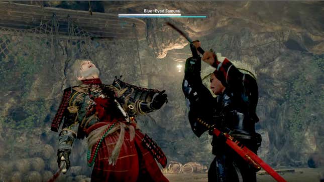 My Rise of the Ronin character battles against Nioh protagonist William Adams, aka the Blue-Eyed Samurai.
