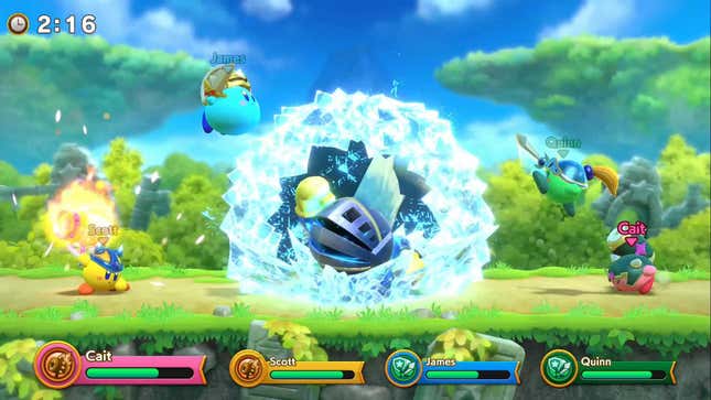 Four Kirby clones fight a monster in Super Kirby Clash.