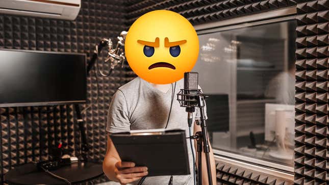 A frowning emoji sits on top of a person's shoulders recording audio in a soundbooth.