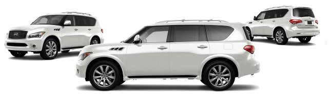 Three views of a white Infiniti QX56.