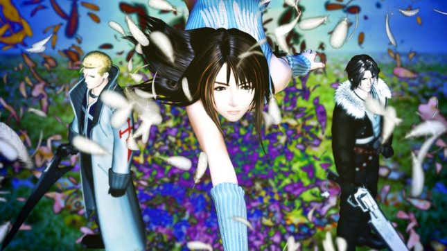 Rinoa, Squall, and Seifer stand in a field of flowers. 