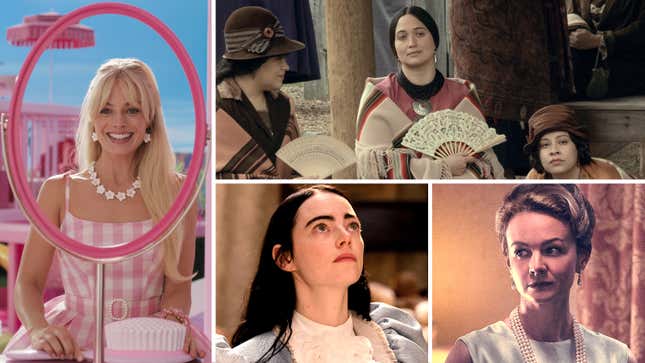 Clockwise from top left: Margot Robbie in Barbie (courtesy Warner Bros.), Lily Gladstone in Killers Of The Flower Moon (courtesy Apple), Carey Mulligan in Maestro (courtesy Netflix), Emma Stone in Poor Things (courtesy Searchlight Pictures)