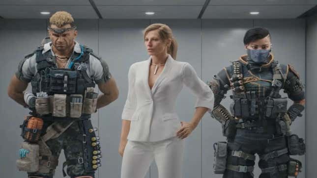 Two soldiers stand next to a woman in a suit.