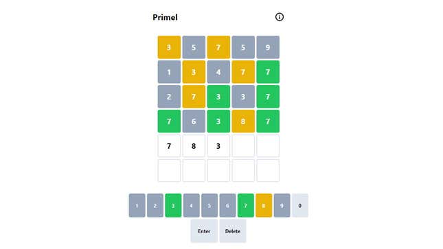 A pic of Primel, a Wordle clone where you guess five-digit prime numbers.