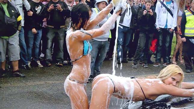 Topless drifter measures G-forces with her breasts (NSFW)