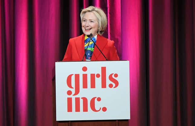 NEW YORK, NY - MARCH 07: Hillary Clinton speaks onstage during the 2017 Girls Inc. New York luncheon celebrating women of achievement at New York Marriott Marquis Hotel on March 7, 2017 in New York City. (Photo by Mike Coppola/Getty Images)
