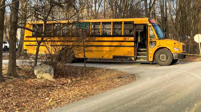 A Pleasant Valley School District school bus makes its afternoon drop-off in an old neighborhood in Effort, Pennsylvania,