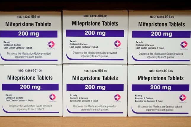 FILE - Boxes of the drug mifepristone sit on a shelf at the West Alabama Women&#39;s Center in Tuscaloosa, Ala., on March 16, 2022. Drugstore chains CVS Health and Walgreens plan to start dispensing the abortion pill mifepristone in a few states. CVS Health will start filling prescriptions for the medication in Rhode Island and neighboring Massachusetts “in the weeks ahead,” spokeswoman Amy Thibault said Friday, March 1, 2024. (AP Photo/Allen G. Breed, File)