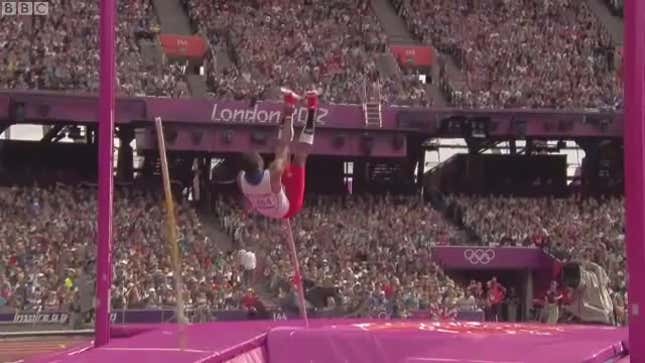 Pole Vaulter Realizes It's Not His Day As His Pole Shatters Mid-Vault