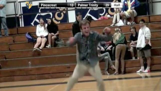 High School Teacher Goes Bananas After Sinking Three-Pointer At Halftime