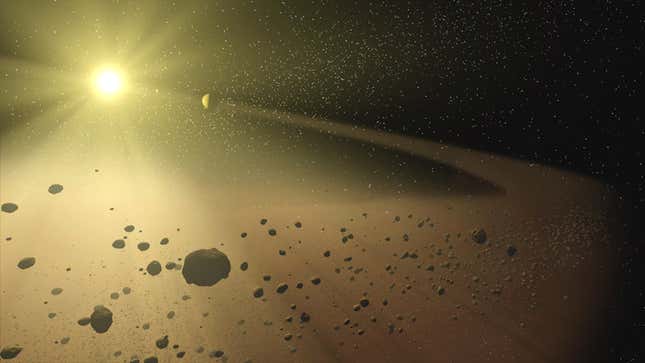 An illustration of an asteroid belt littered with space rocks.
