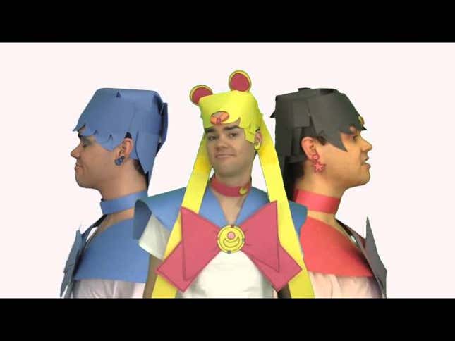 A Man, Dressed In A Paper Sailor Moon Outfit, Dancing Awkwardly