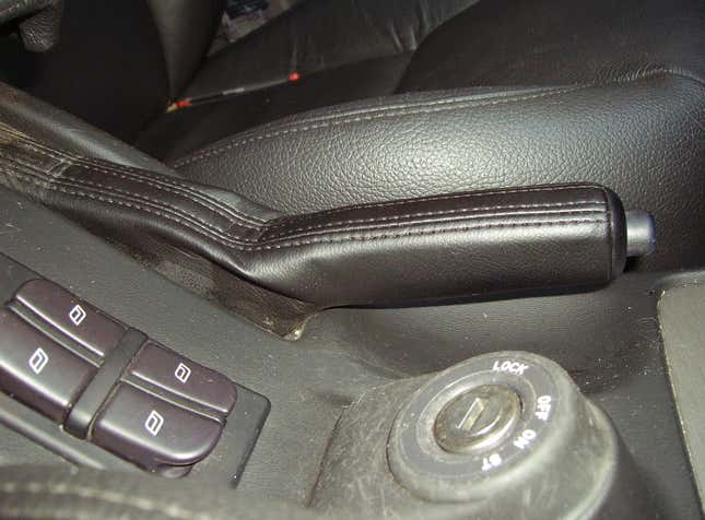 A photo of a car's manual  emergency brake