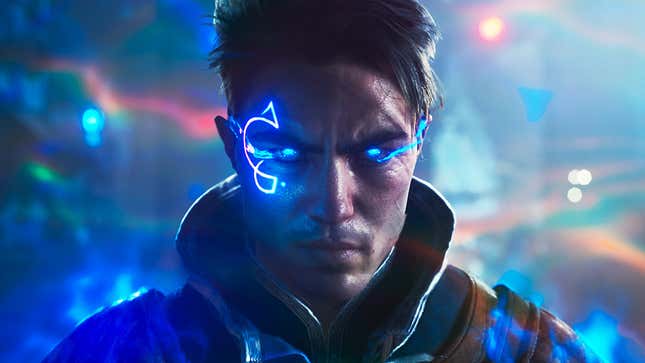 An image shows a CG man with a blue, glowing tattoo on his face. 