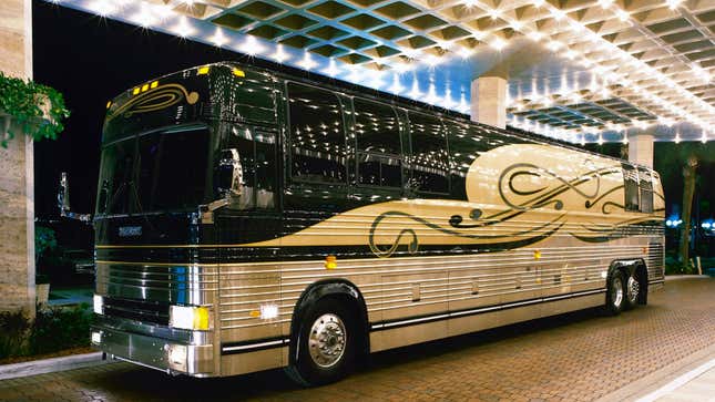 A photo of a massive Prevost RV. 