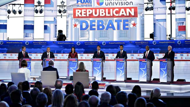 2024 Republican presidential candidates Doug Burgum, from left, Chris Christie, Nikki Haley, Ron DeSantis, Vivek Ramaswamy, Senator Tim Scott and former US Vice President Mike Pence during a debate hosted by Fox Business Network in Simi Valley, California, US, on Wednesday, Sept. 27, 2023. 