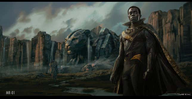 Black Panther stands in front of a panther-shaped mountain carving.