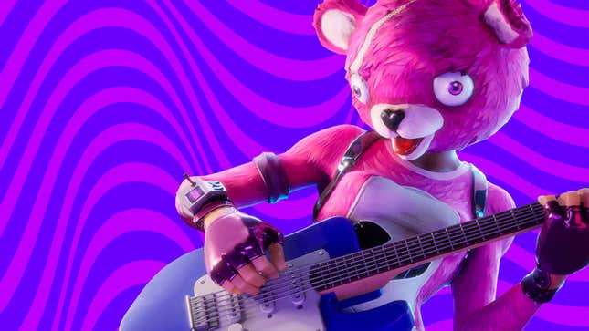 An image shows a Fortnite character playing a guitar. 