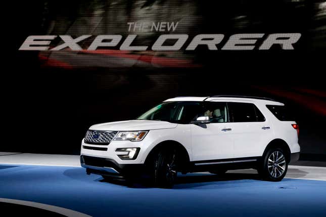 FILE - The 2016 Ford Explorer is presented during the Los Angeles Auto Show on Wednesday, Nov. 19, 2014, in Los Angeles. Ford is recalling nearly 1.9 million Explorer SUVs in the U.S. because a trim piece can fly off and create a hazard for other drivers. (AP Photo/Chris Carlson, File)