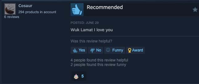 Steam review that reads "Wuk Lamat I love you"