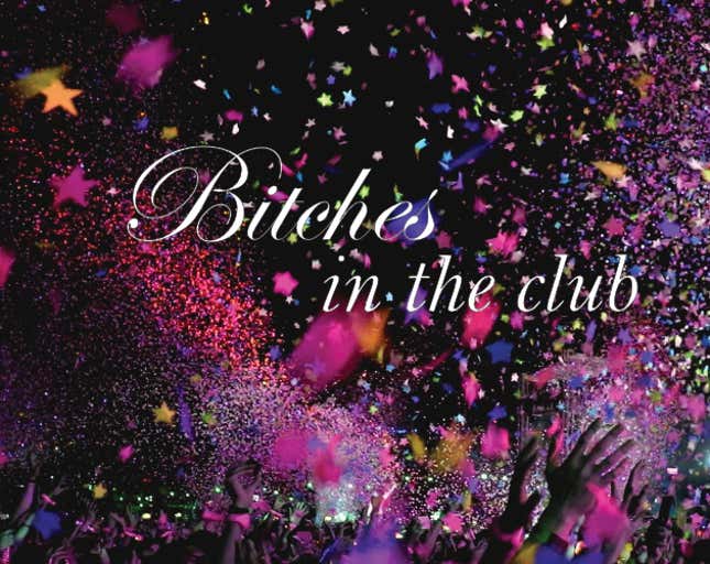 The cover to Bitches in the Club that includes a concert scene with hands reaching up for pink confetti