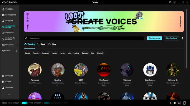 A screenshot of the Voicemod app showing the community voices tab.