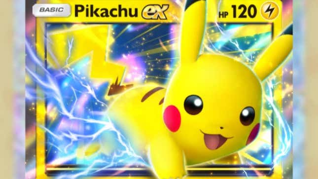 The yellow electric mouse jumps out of the Pikachu ex card.