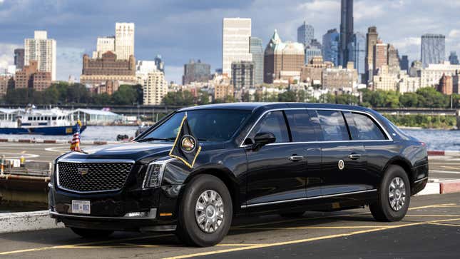 A photo of the presidential limo parked near the UN. 