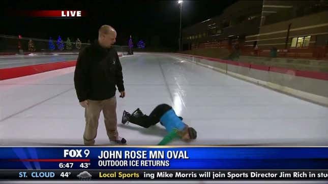 Minneapolis Reporter, Live From Scene Of Ice Rink Opening, Faceplants