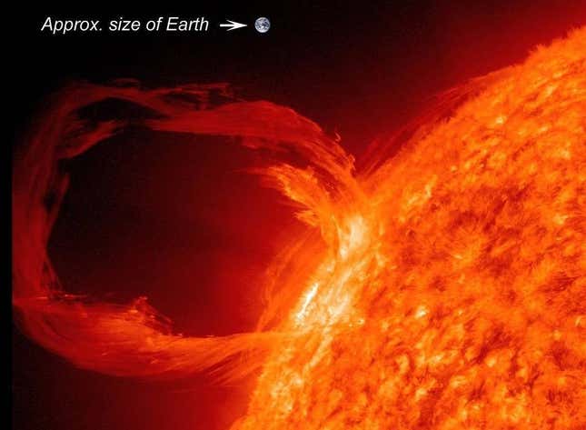 Una representación de una prominencia solar, con la Tierra añadida a escala. 