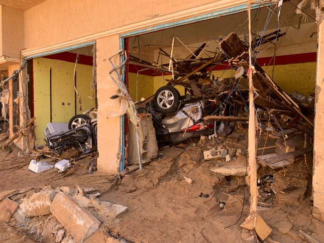 Flooding aftermath is seen in Derna, Libya, Thursday, Sept.14, 2023. Search teams are combing streets, wrecked buildings, and even the sea to look for bodies in Derna, where the collapse of two dams unleashed a massive flash flood that killed thousands of people. (AP Photo/Yousef Murad)