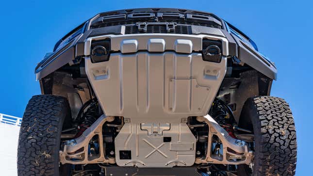 A photo of the underside of a Ford pickup truck. 