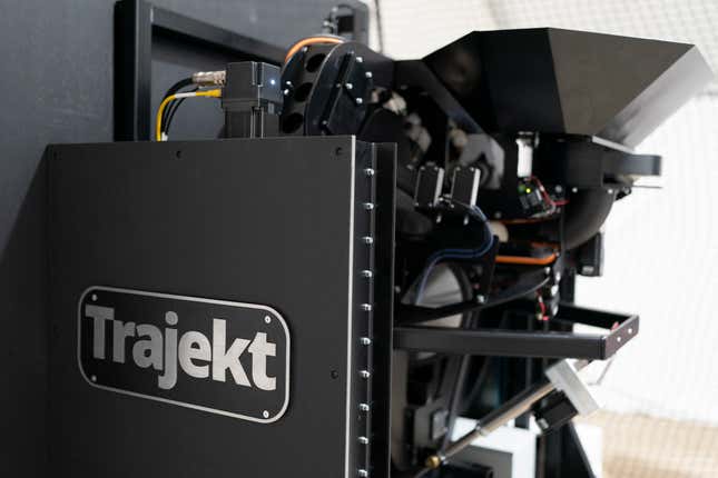 The Trajekt Arc pitching machine is demonstrated during the Major League Baseball winter meetings Wednesday, Dec. 6, 2023, in Nashville, Tenn. (AP Photo/George Walker IV)