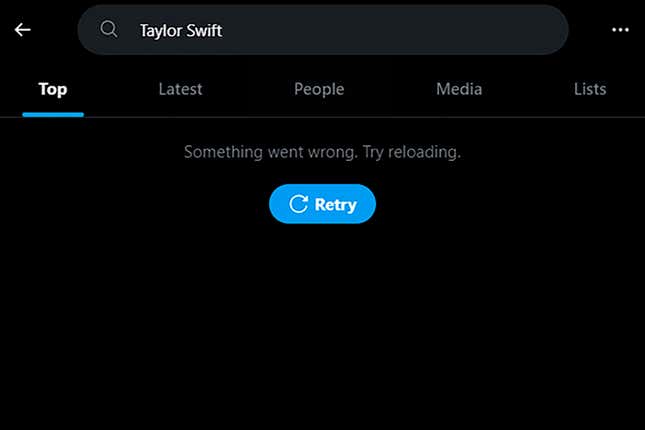 This screenshot made on Monday, Jan. 29, 2024, shows a Taylor Swift search error on social media platform X. X has blocked some searches for Swift as pornographic deepfake images of the singer have circulated online.(AP Photo)