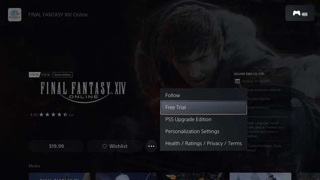 A screenshot of a store page on PSN shows the Free Trial option for FF14.