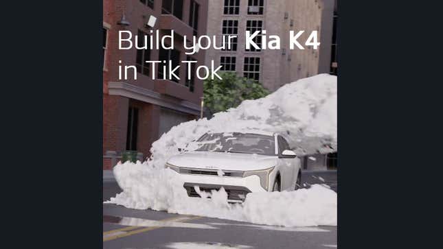 screenshot of an animation showing a Kia K4 getting hit with a giant ball of white paint