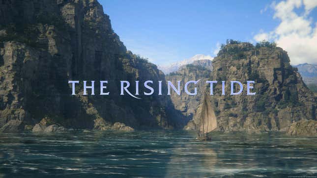 A title card for the new FF16 reads THE RISING TIDE against images of a boat on the water and large rocks rising up out of it.