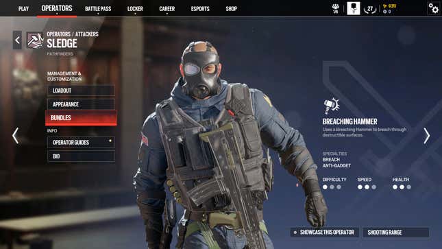 Sledge’s operator card in Rainbow Six Siege X.