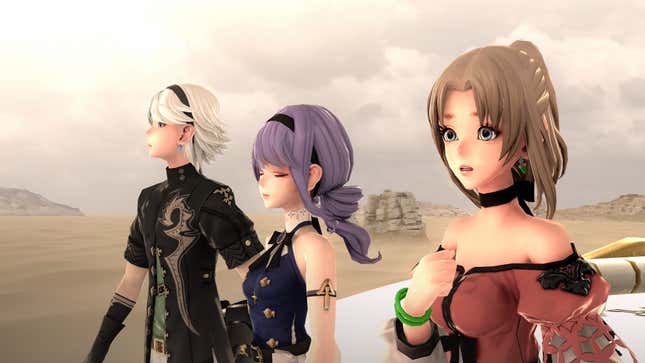 Female characters look past the camera in a desert environment.