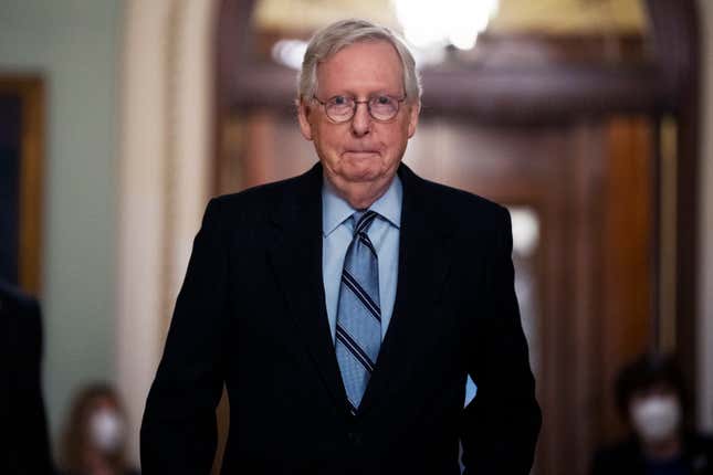 Senate Minority Leader Mitch McConnell, R-Ky., is seen in the U.S. Capitol before a procedural vote in the Senate on voting rights legislation on Wednesday, January 19, 2022.