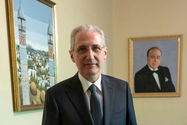 COP29 President-designate Mukhtar Babayev takes part in an interview with The Associated Press at the Azerbaijan embassy in Washington on Thursday, April 18, 2024. (AP Photo/Kevin Wolf)